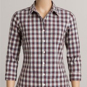 LL Bean Red White Plaid 3/4 Sleeve Pinpoint Oxford Button Wrinkle Free Shirt Lrg